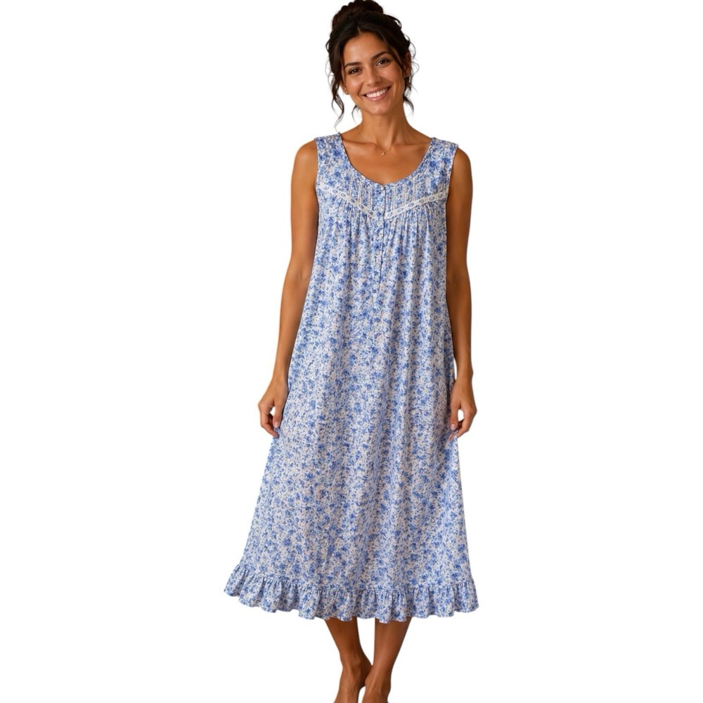 Eileen West 100% Cotton Blue Floral Ruffle Hem Nightgown Sz L